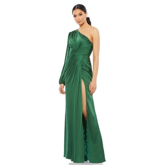 Mac Duggal 11251 Emerald Green One Shoulder Long Sleeve Draped Charmeuse Gown - Picture 1 of 7